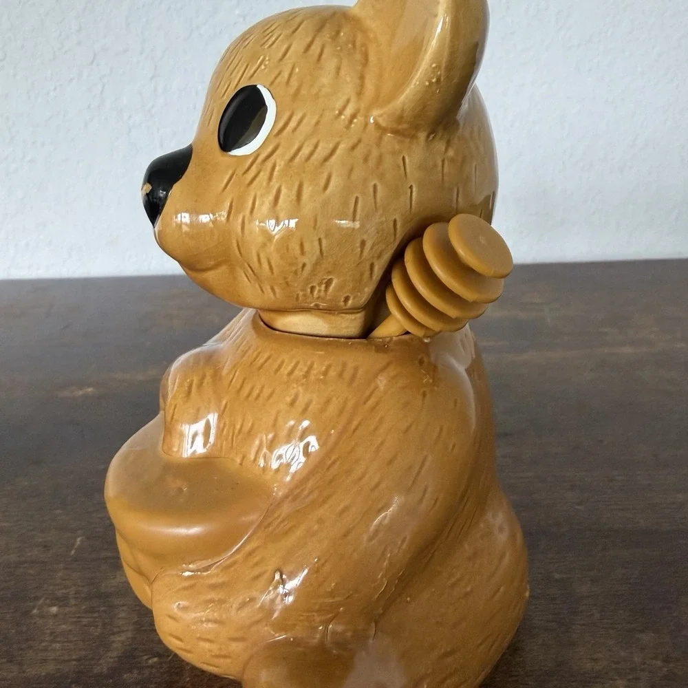 Vintage Ceramic Teddy Bear Honey Pot Jar with Removable Head‎ And Honey Dipper